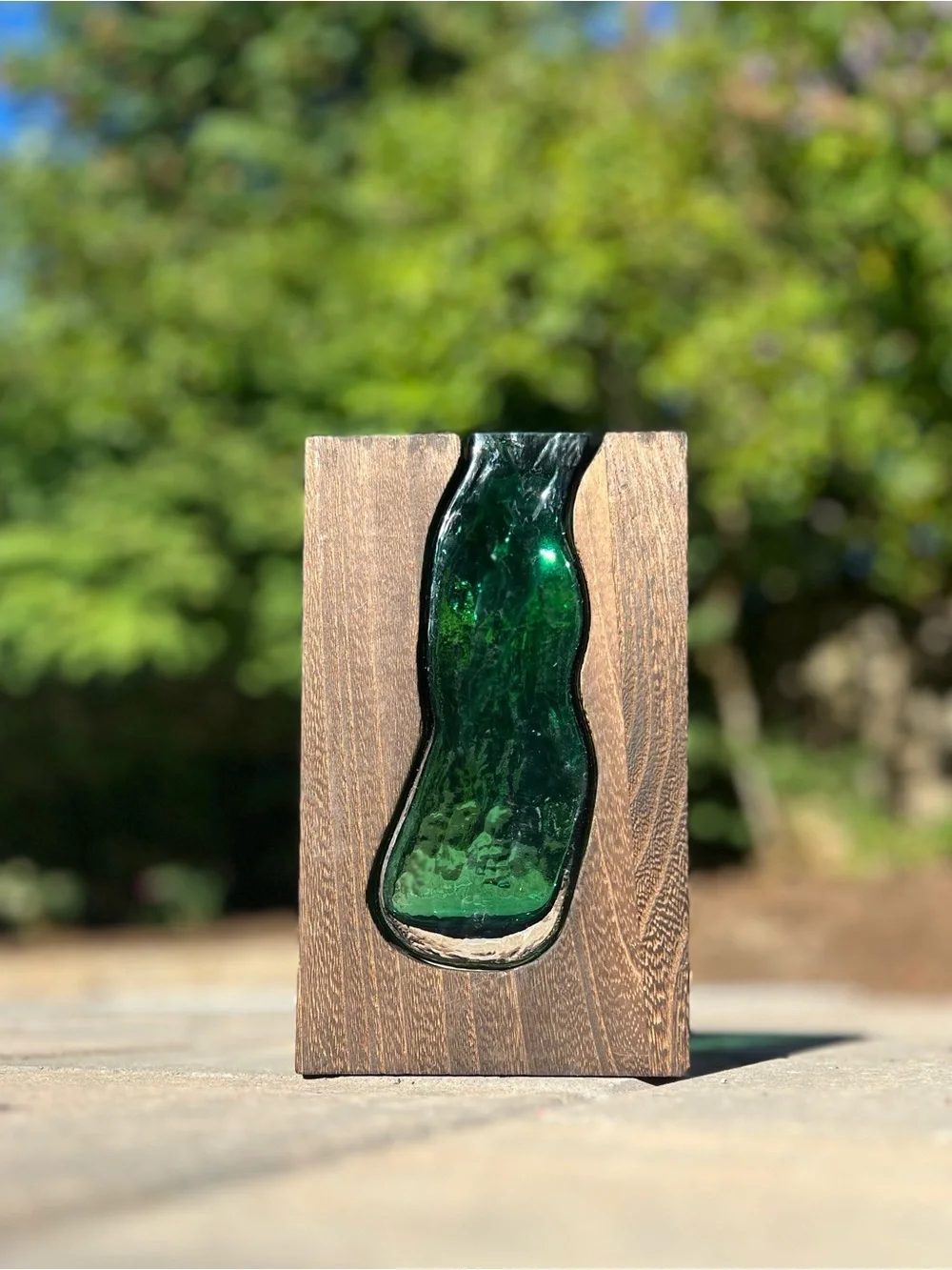 Modern Wooden Bud Vase with Emerald Green Glass Insert | Mid-Century Style Wood